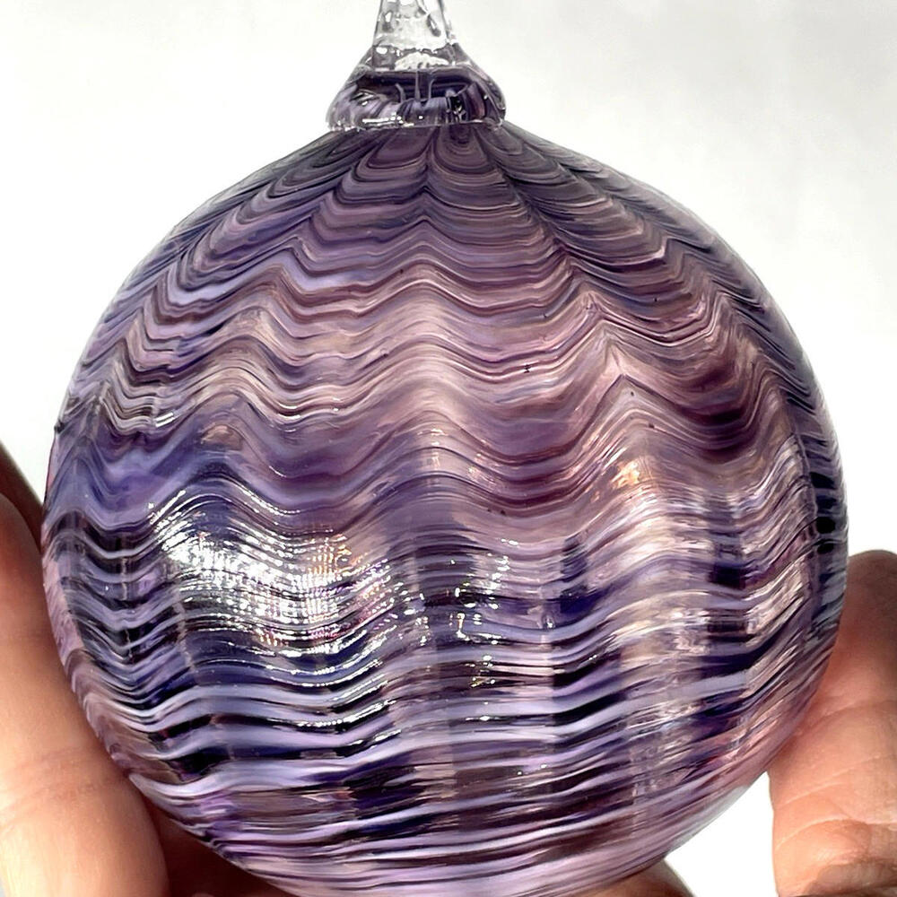 Hand Blown Art Glass Christmas Ornament Transparent Purple Swirl 3.5"